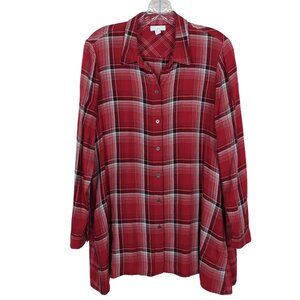J. Jill‎ Women's size Small Petite Tunic Blouse Red Plaid Button-Down Rayon